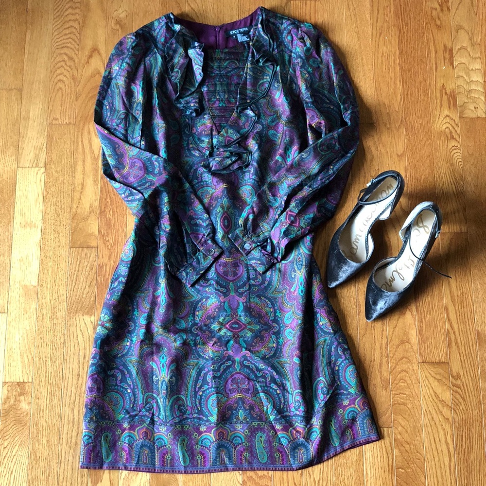 Etcetera Paisley Silk Shift Dress with Ruffle